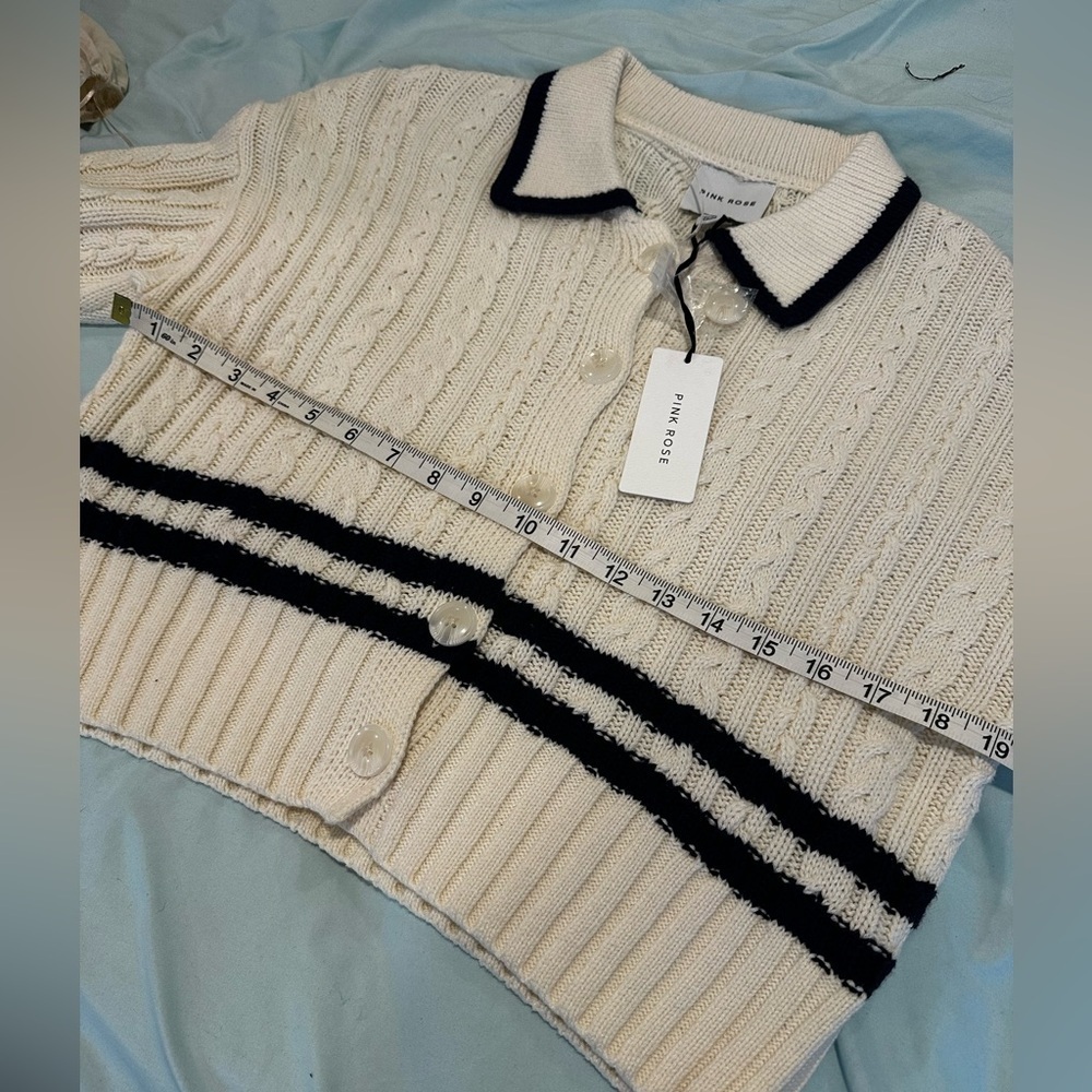 NWT Pink Rose Preppy Cream & Navy  Cable Knit Collared Cardigan. Ribbed Hem. S - Picture 2 of 16
